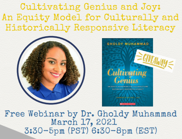 WRITE_Center's tweet photo. Join us for Dr. Gholdy Muhammad's webinar 

"Cultivating Genius and Joy: An Equity Model for Culturally and Historically Responsive Literacy!!!"

Date: 3.17.2021
Time: 3:30-5pm (PST) / 6:30-8pm (EST)
Register (for free): https://t.co/psIiX43acA

@GholdyM https://t.co/wgPq2O5ufd