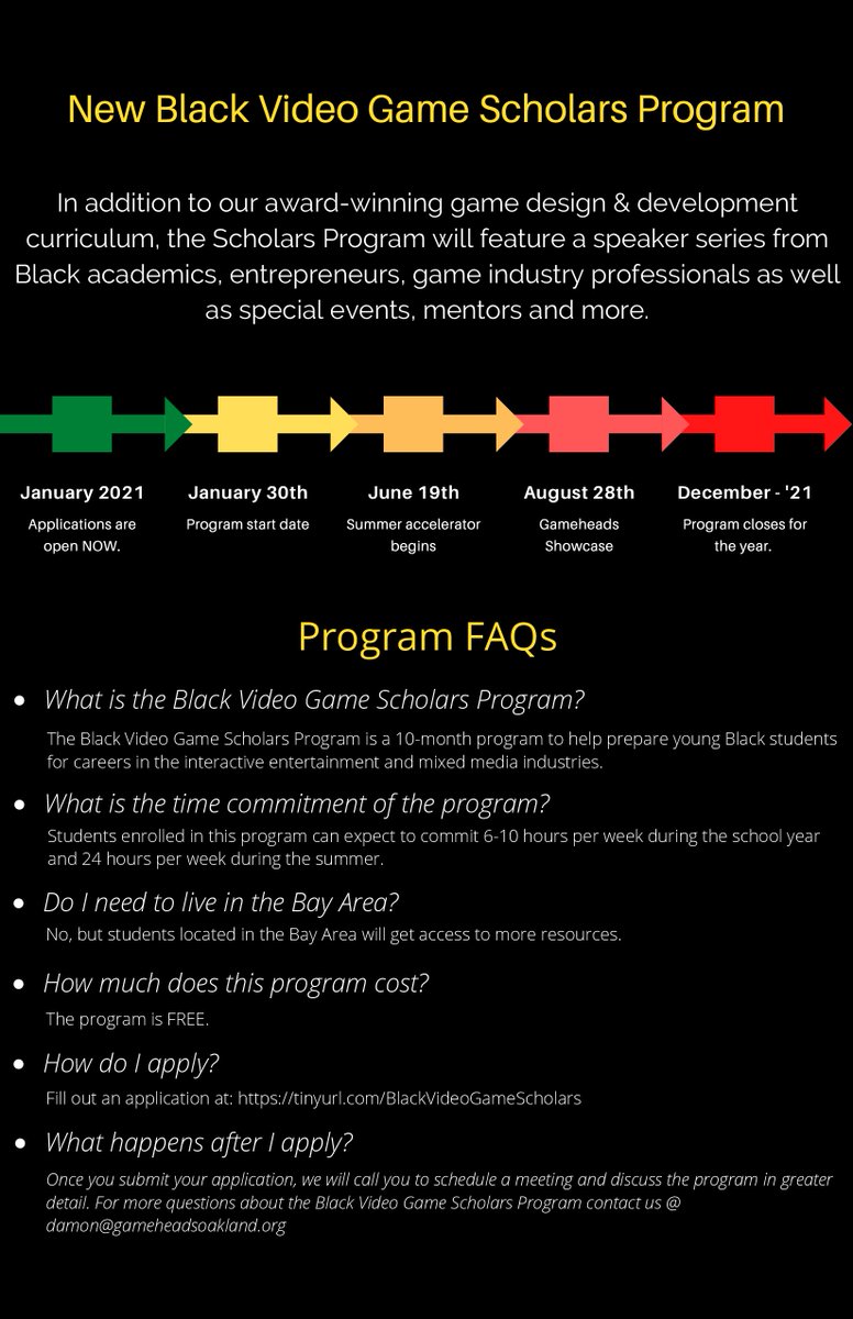WeAreGameheads's tweet image. We are excited to announce the launch of our new program -- the Black Video Game Scholars Program – aimed at increasing the number of young Black students in the #videogame industry pipeline! Learn more &amp;amp; apply NOW for this free program: tinyurl.com/BlackVideoGame… #VideoGameCareers