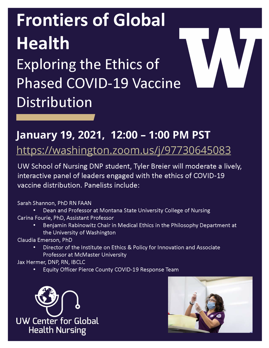 uwcghn's tweet photo. Join the Center for this panel about the ethics of phased COVID-19 vaccine distribution on January 19th at 12 PM PST! https://t.co/zNbdAoxpGx
