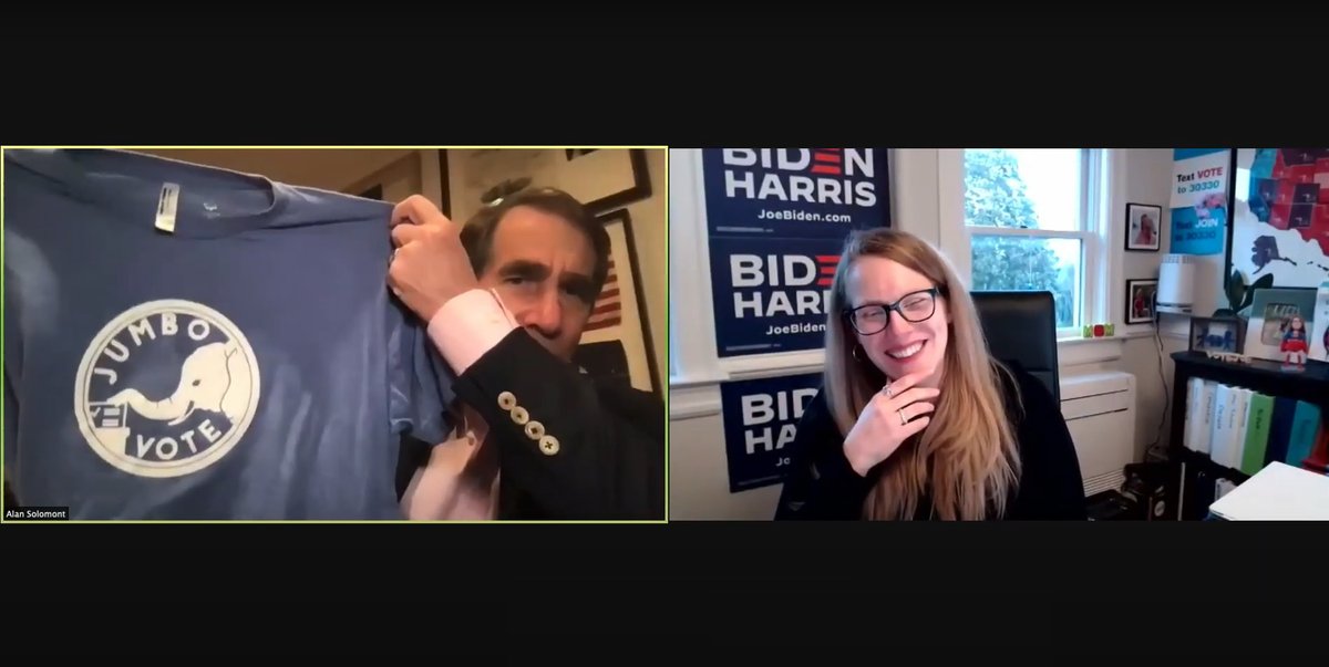 TischCollege's tweet photo. Even at virtual events, our Distinguished Speakers don't go home empty-handed! @JoeBiden campaign manager @jomalleydillon will be rocking a @TuftsUniversity @jumbovote shirt soon; maybe she'll share one with the President-elect! https://t.co/vn0ltEr6cH