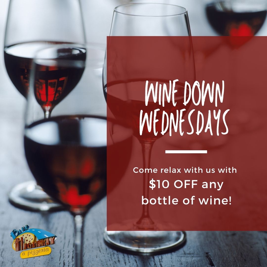 Wednesdays mean $10 off every bottle of wine at Blue Highway! Grab a bottle and chill out on our patio or add a bottle to your online order. We'll see you soon!
#winegnv #gainesvillewine #winedownweds