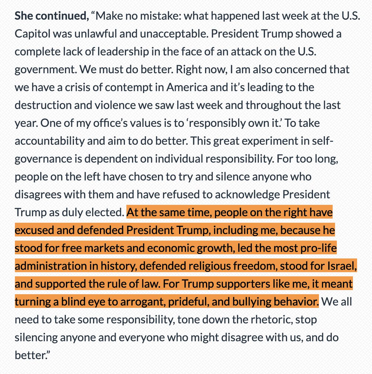 Interesting statement here from GOP Rep. Cathy McMorris Rodgers, who voted against impeachment. She says she has been 'turning a blind eye to arrogant, prideful, and bullying behavior' of the president because he was advancing GOP policy goals. mcmorris.house.gov/mcmorris-rodge…