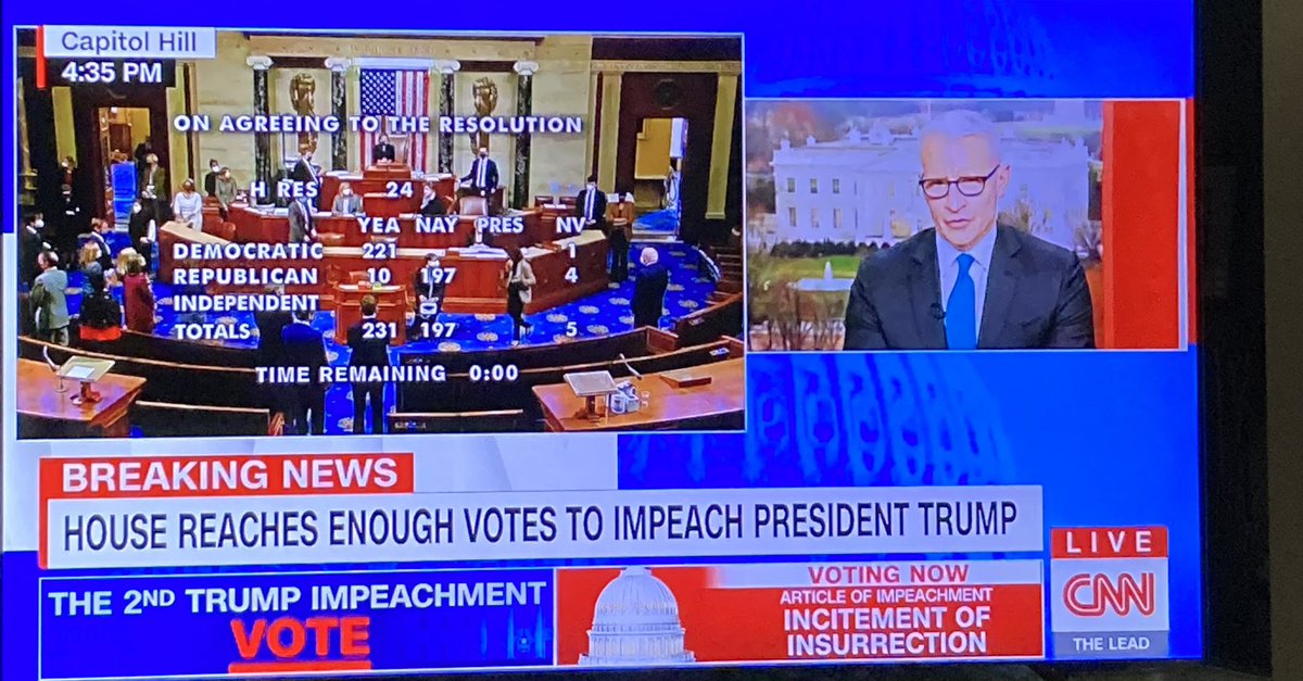 BethCButler's tweet image. Last Wednesday I cried as I watched the siege on our Nation’s Capitol take place. Today, exactly one week later, the House has voted to impeach Trump for his role in inciting the violence that took place by those in the mob that heeded his words to “fight.” Thank you for justice.