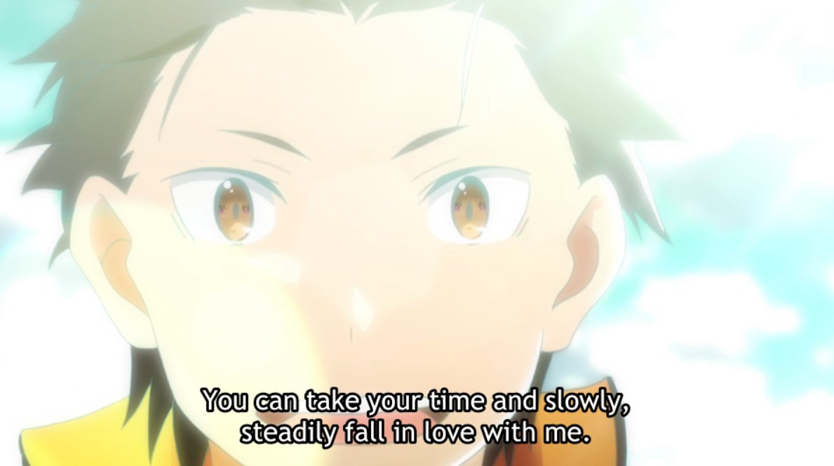 In the end, Subaru proves his point through actions rather than words. Upon reaching a mutual understanding, what had initially been just her reflected in Subaru's eyes becomes reciprocated (the eye reflection shots being a motif within pivotal moments of SubaEmi's relationship).