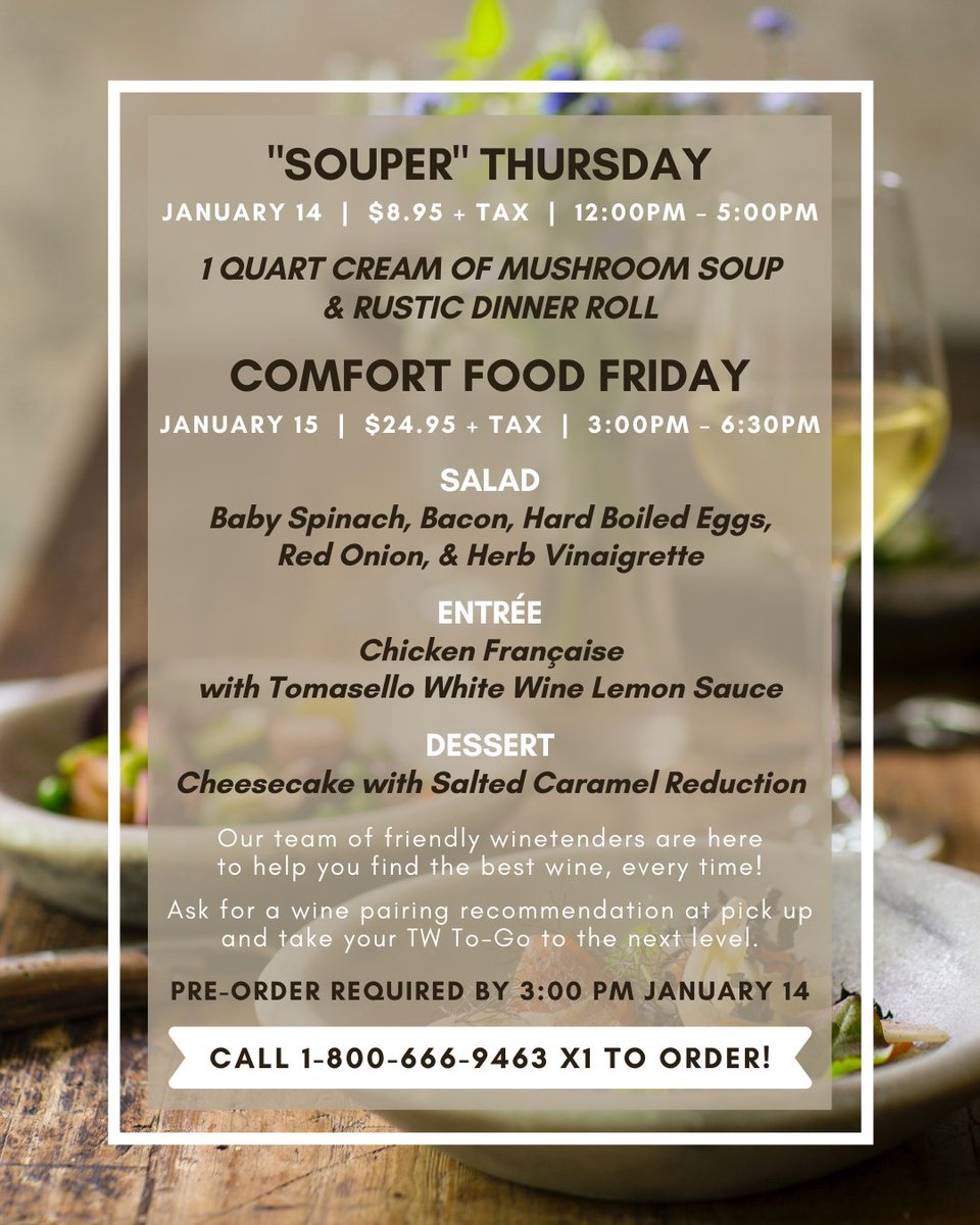 TomaselloWinery's tweet image. Let us do the cooking 🍷 With weekly gourmet menu options, you can never go wrong with Tomasello Take-Out! Call 1-800-666-9463 x1 to order today or visit tomasellowinery.com for more details #TimeForTW