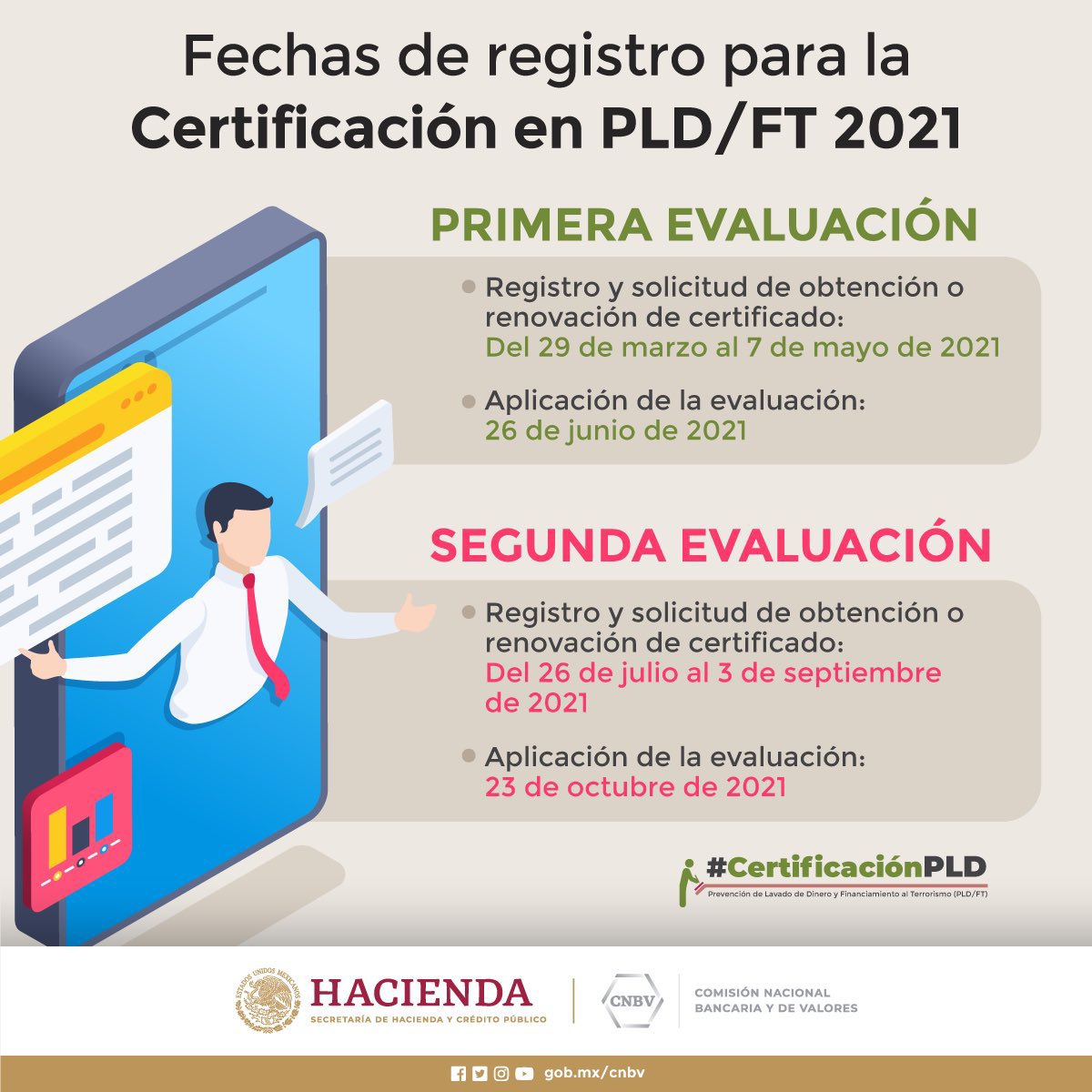 cnbvmx's tweet image. La #CNBV publica las fechas de registro para las evaluaciones en materia de Prevención de Lavado de Dinero y Financiamiento al Terrorismo #PLDFT, que se llevarán a cabo en 2021.