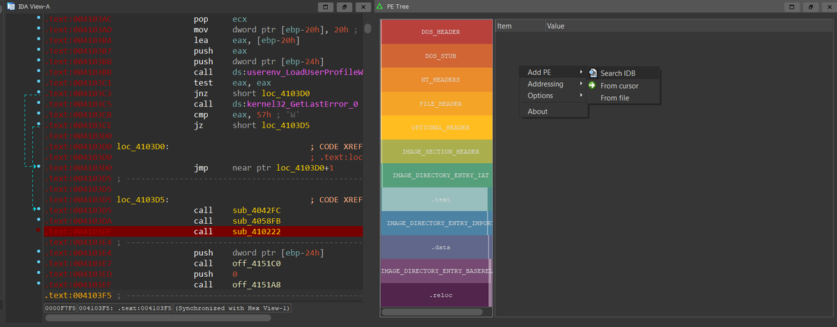 vinopaljiri's tweet photo. Did you know that pe_tree plugin in IDA Pro https://t.co/PrizHikKEP
can be used for IDT + IAT reconstruction on memory dump as API resolving feature.
Simply IDA Pro remote debugging + memory snapshot after APIs resolved + pe_tree --> New PE with all APIs resolved 🤓👍 https://t.co/cPas3024GM