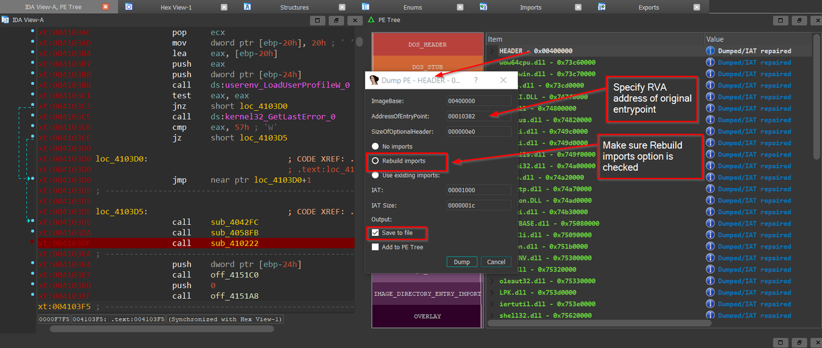 vinopaljiri's tweet photo. Did you know that pe_tree plugin in IDA Pro https://t.co/PrizHikKEP
can be used for IDT + IAT reconstruction on memory dump as API resolving feature.
Simply IDA Pro remote debugging + memory snapshot after APIs resolved + pe_tree --> New PE with all APIs resolved 🤓👍 https://t.co/cPas3024GM