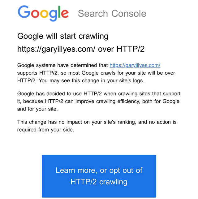 rustybrick's tweet image. Google Search Console is sending notifications for if a site is being crawled over HTTP/2 seroundtable.com/google-search-…