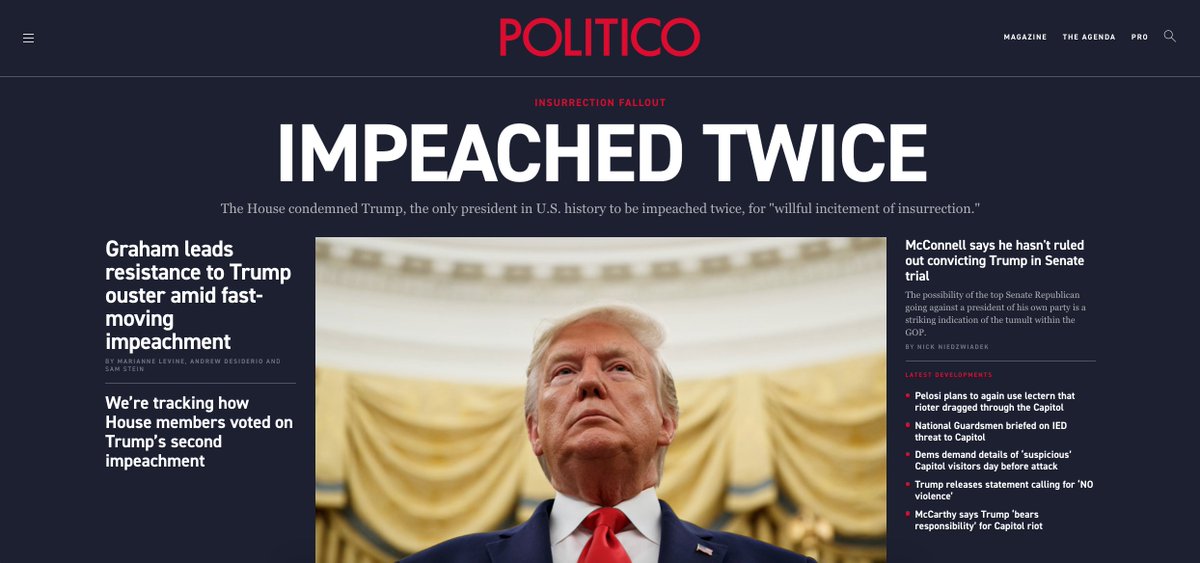 AnthonyAdragna's tweet photo. Homepages at this historic moment. @politico has entered our dark mode for truly momentous times. https://t.co/6WVghCH7fj