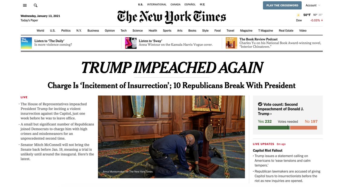 AnthonyAdragna's tweet photo. Homepages at this historic moment. @politico has entered our dark mode for truly momentous times. https://t.co/6WVghCH7fj