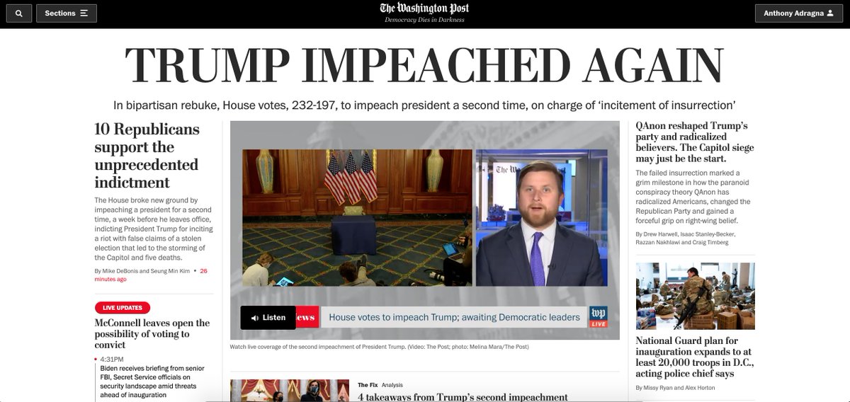 AnthonyAdragna's tweet photo. Homepages at this historic moment. @politico has entered our dark mode for truly momentous times. https://t.co/6WVghCH7fj