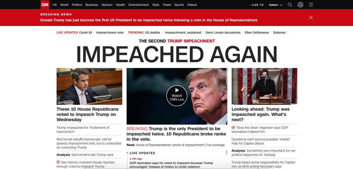 AnthonyAdragna's tweet photo. Homepages at this historic moment. @politico has entered our dark mode for truly momentous times. https://t.co/6WVghCH7fj