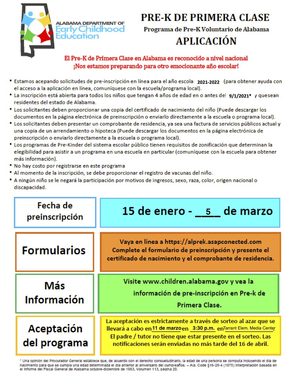 Pre-registration for our Pre-K program will take place from January 15- March 5, 2021 with the random drawing to be held on March, 11, 2021 at 3:30 in the Tarrant Elementary School's Media Center. Please see the attached flyers in English and Spanish for more information.