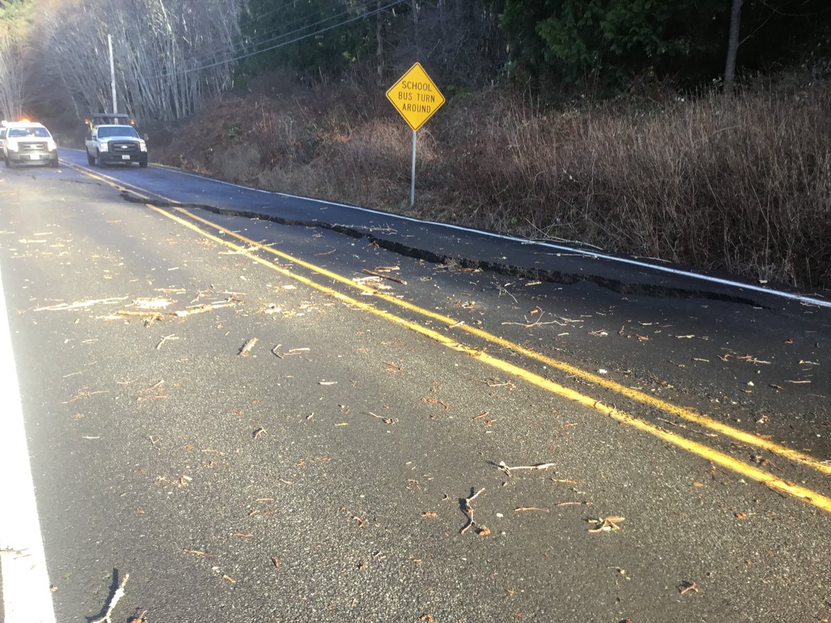 Mason County: SR 302 near the Mason/Pierce county line. There’s a 60-foot long, up to 8” deep gap in the pavement. Maintenance is evaluating and the road is closed until further notice between milepost 4 to 8. (2/6)