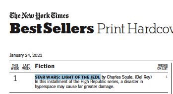 CharlesSoule's tweet photo. LIGHT OF THE JEDI will debut at #1 on the New York Times bestseller list.

Thank you so much. https://t.co/apIyP6O4Yf