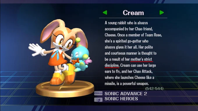 According to Super Smash Bros. Brawl's trophy description for Cream, Vanilla is a strict mother. This appears to be hinted at in IDW #36, where she appears to intimidate even the likes of Rouge.

There seems to be a very scary mistress in Vanilla. 