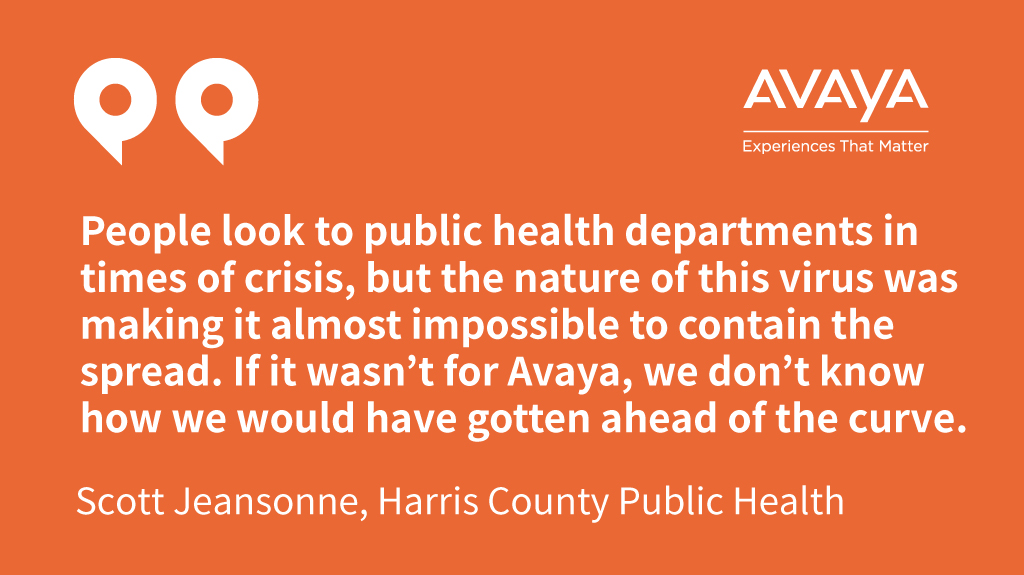 Avaya's tweet image. Read how Avaya supported Harris County, TX create a cloud-based notification solution as part of their Case Investigation and #ContactTracing program using Avaya OneCloud #CPaaS tinyurl.com/y2d7m9h2 #COVID19