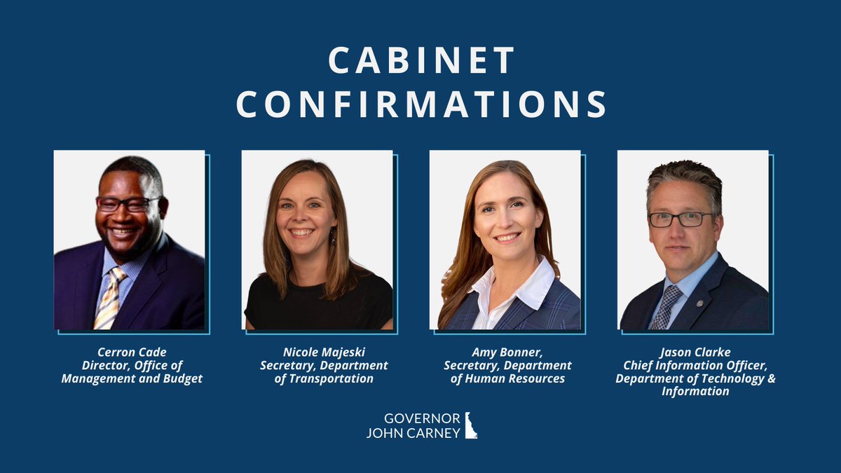 JohnCarneyDE's tweet photo. I want to thank members of the Delaware Senate for their thoughtful consideration of these important Cabinet nominations. This is a group of Delawareans who are driven by public service. Their experience &amp; commitment to Delaware will serve our state well.

https://t.co/VYCVumrd2O https://t.co/dcA43jRJUh