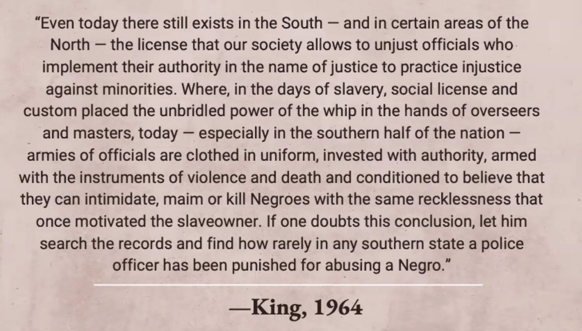 . @prisonculture notes that MLK talked about the horrors of police brutality" in the famous I Have A Dream Speech, and that he frequently linked white supremacy to the institutions of policing + prisons in the US