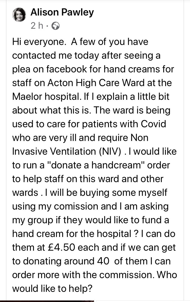 madphilhorton's tweet photo. Please go to my FB page to read about what my friend Alison Pawley is doing for Acton High Care Ward at the Maelor Hospital in Wrexham Please Help 
#handcream #COVID19 #NHS #nurses #hospital #highcare #noninvasive #ventilation #pleasehelp https://t.co/0hlYGAZjtp