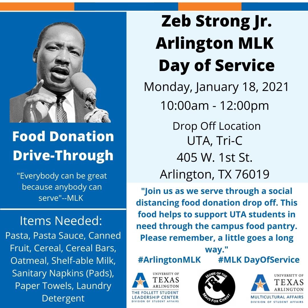 utaleadership's tweet photo. Arlington MLK Day of Service is this Monday, January 18th. Join us as we serve through a social distancing food donation drop off!
#MLKDayofService https://t.co/4D61x4fNOX