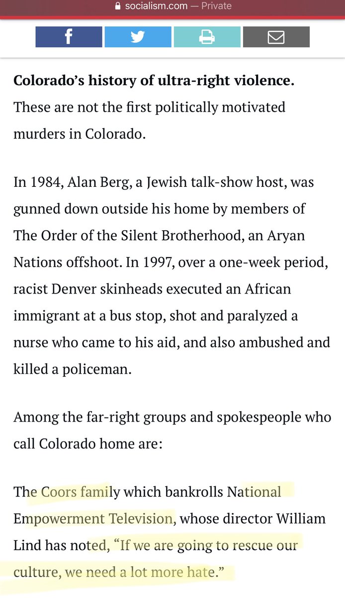 The Coors family has been funding hate since I was a child. Dems keep pushing the state Blue, because to be Red is to be ruled by the Rep.Ken Bucks & Lauren Boeberts. The represent the districts largest White Supremacy & anti-immigrant hate groups.