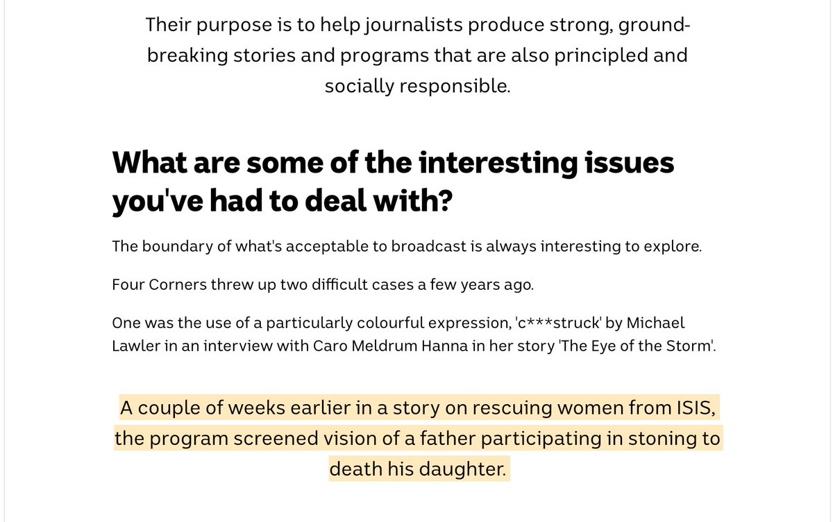 Here's ABC editoral policy manager, Mark Maley  @MM1956 back in 2017.He is loudly defending the use of live footage of a young woman being stoned to death because he claims: ". . . we should publish it, not censor it"Women being killed are important for the public to see..