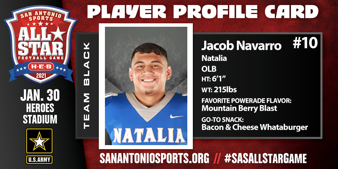 Meet <a href="/jacob_navarro10/">Jake</a> from <a href="/NataliaSports/">Natalia Athletics</a> who will compete in the San Antonio Sports All-Star Football Game pres. by <a href="/HEB/">H-E-B</a> on Jan. 30 
<a href="/ArmySanAntonio/">GoArmy San Antonio</a> #SASAllStarGame <a href="/USArmy/">U.S. Army</a> #WhatsYourWarrior