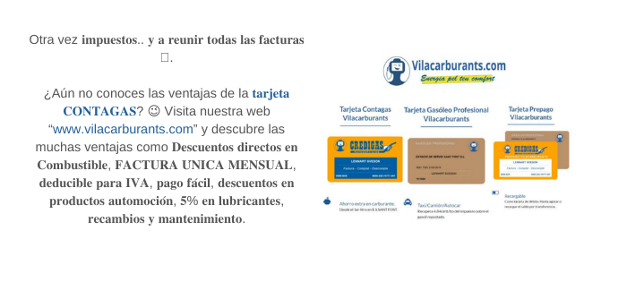 vilacarburants's tweet photo. Otra vez 𝐢𝐦𝐩𝐮𝐞𝐬𝐭𝐨𝐬.. 𝐲 𝐚 𝐫𝐞𝐮𝐧𝐢𝐫 𝐭𝐨𝐝𝐚𝐬 𝐥𝐚𝐬 𝐟𝐚𝐜𝐭𝐮𝐫𝐚𝐬 🧐.
¿Aún no conoces las ventajas de la 𝐭𝐚𝐫𝐣𝐞𝐭𝐚 𝐂𝐎𝐍𝐓𝐀𝐆𝐀𝐒? 
Si estás interesad@ en obtenerla pídela en nuestras estaciones
 #tarjetadegasolina #tarjetagasolina #targetabenzina https://t.co/d0bVtkjgqW
