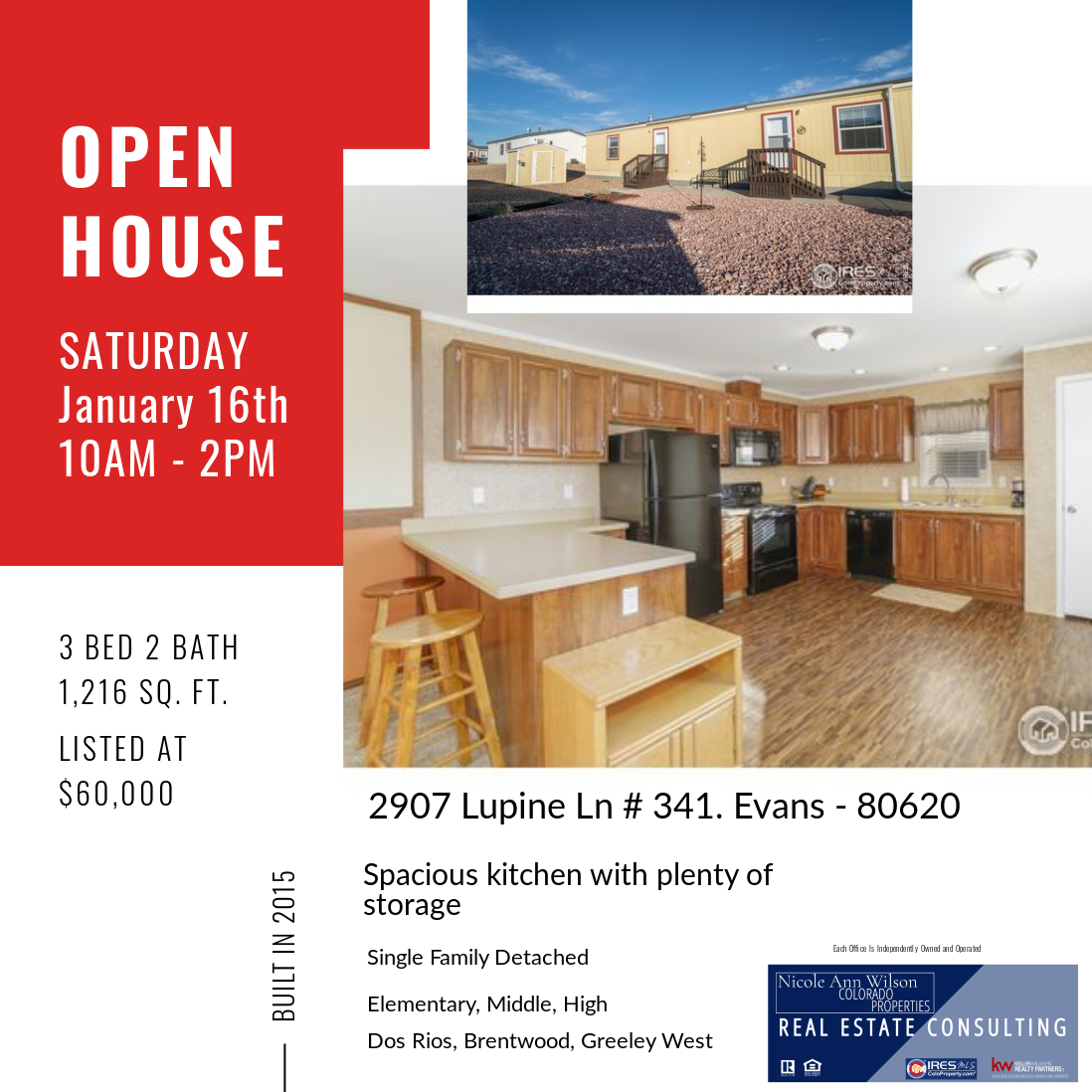 Open House this Saturday- round two! This manufactured home with spacious kitchen and living room in a beautiful community is still listed in Evans, CO. Currently listed at $60,000. 3 bed, 2 bath. Contact me for more information.
nicoleannwilson.com/2907-lupine-ln…