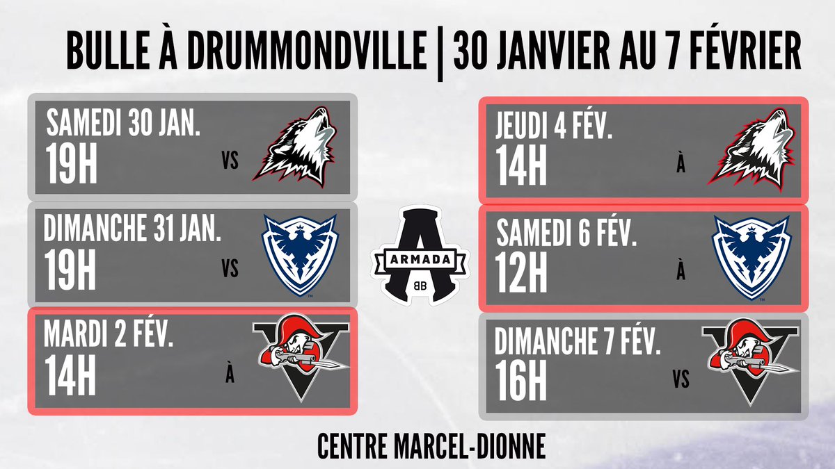 ArmadaBLB's tweet image. ⚠️CHANGEMENTS!

La @LHJMQ a procédé à des changements au niveau des heures de matchs dans la bulle à Drummondville!

6 février 14h ➡️ 6 février 12h

7 février 19h ➡️ 7 février 16h

#bulledrummondville