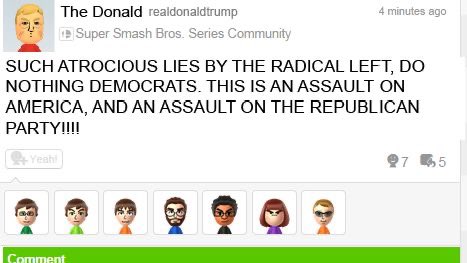MNateShyamalan's tweet photo. donald trump is currently protesting his impeachment on the Nintendo Miiverse https://t.co/mMCU81FvWV