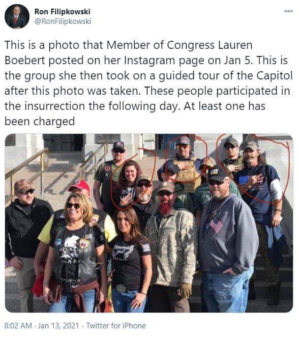 JimTheAtheist's tweet photo. @AndrewLSeidel get a load of Rep. Lauren Boebert and her racist friends who she gave a tour of the capital to on January 5th. Look at all those white power hand signs. #BoebertIsATraitor #BoebertResign #racistBoebert https://t.co/8fCH2Go8IC