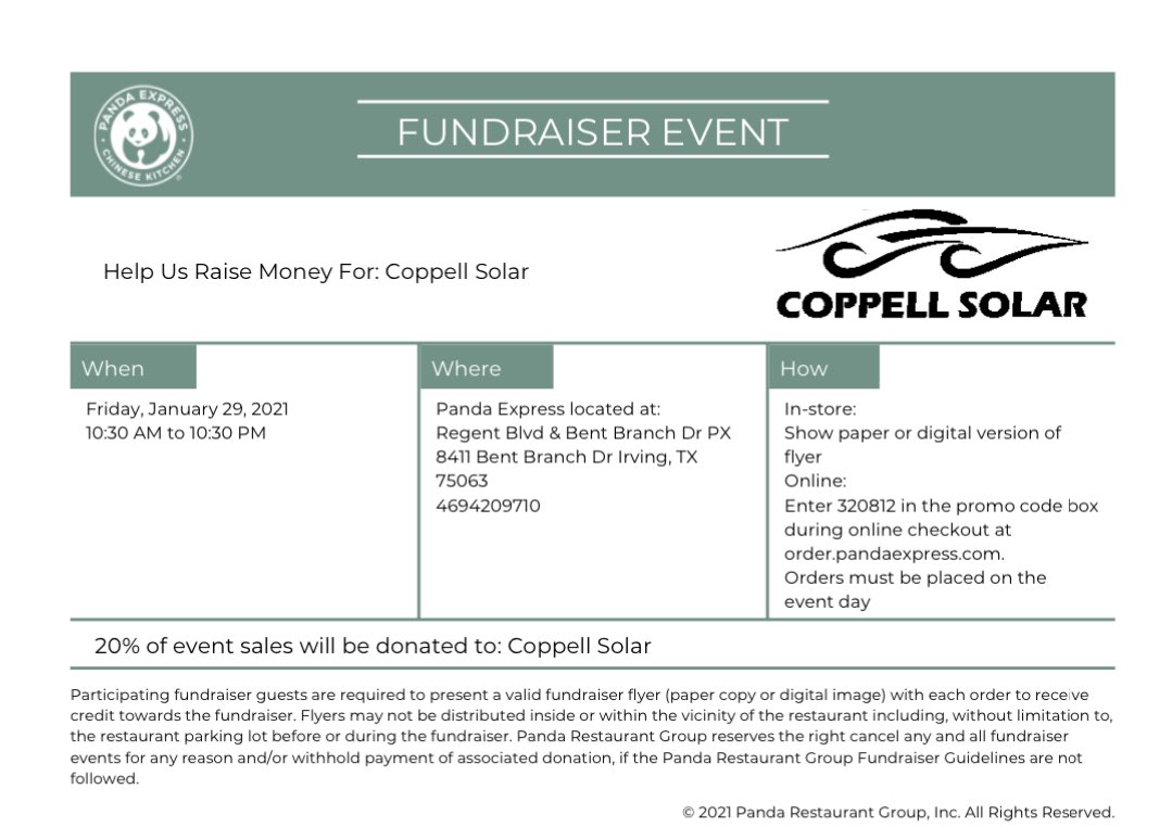 CoppellSolar's tweet photo. On January 29, come to sprit night at Panda Express. Whenever you order from 10:30 am - 10:30 pm, show them this flier to help support the Coppell Solar Car Team. https://t.co/sAdPTM7rIQ