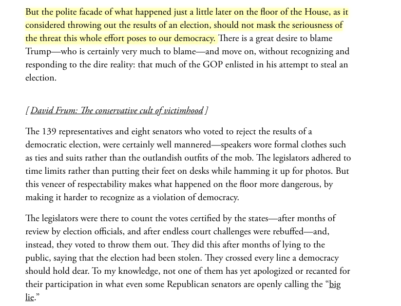 Ridiculousness of Trump's attempts to steal the election hid their seriousness. Let's not now be misled by the polite veneer and the formal nature of what happened on the floor after the mob was cleared, when legislators voted to their bidding. No excuses.  https://www.theatlantic.com/ideas/archive/2021/01/more-dangerous-capitol-riot/617655/