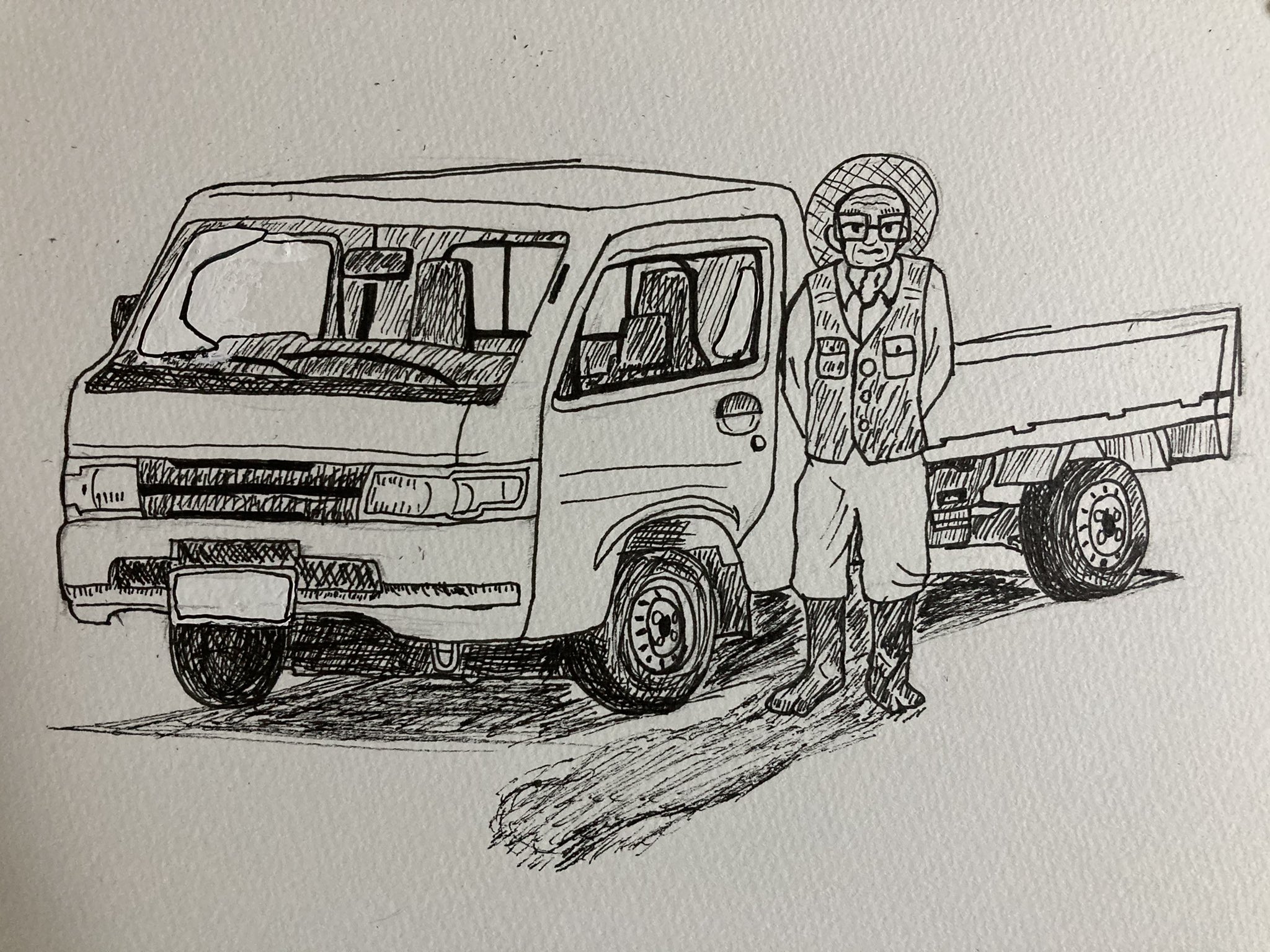 恵土メイジ 絵のみ投稿 Tren Twitter 昨日3時間くらいかけて軽トラ描きました 人物は自分のリアルのおじいちゃんです アナログ イラスト 車 軽トラ おじいちゃん T Co Mej1esfpeu Twitter