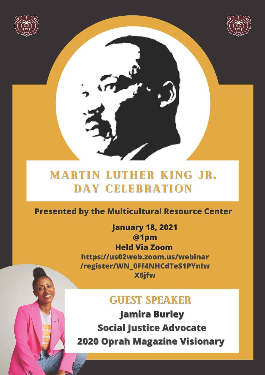 In addition to virtual March on Jan. 18th, add this dynamic speaker to your calendar for 1 pm. @MOStateMRC @MSUfreshmenLEAD <a href="/BearsFamilies/">Missouri State University Family Programs</a> <a href="/DeeSiscoe/">Dee Siscoe</a> <a href="/MOStateSGA/">Missouri State SGA</a> <a href="/MoStateTrio/">Missouri State TRIO Programs</a> <a href="/NaacpMostate/">Mostate NAACP</a> <a href="/MoStateNPHC/">MoState NPHC</a> <a href="/mostatefsl/">Missouri State FSL</a> <a href="/MSUCareerCenter/">MSU Career Center</a> <a href="/MissouriState/">Missouri State</a> <a href="/MOStateSAC/">Student Activities Council at MSU</a> <a href="/DrMicheleS/">Dr. Michele D. Smith</a>
