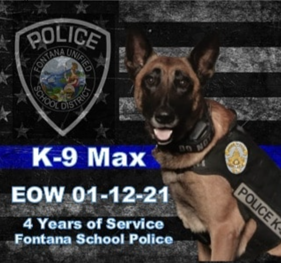 It is with heavy &amp; saddened hearts that we announce the sudden passing of K9 Max. K9 Max proudly served the Fontana School Police Department, students &amp; staff of <a href="/FontanaUnified/">Fontana Unified</a> 2016-2021. Rest in Peace Max, we thank you for your service, you're clear EOW 🌈💙