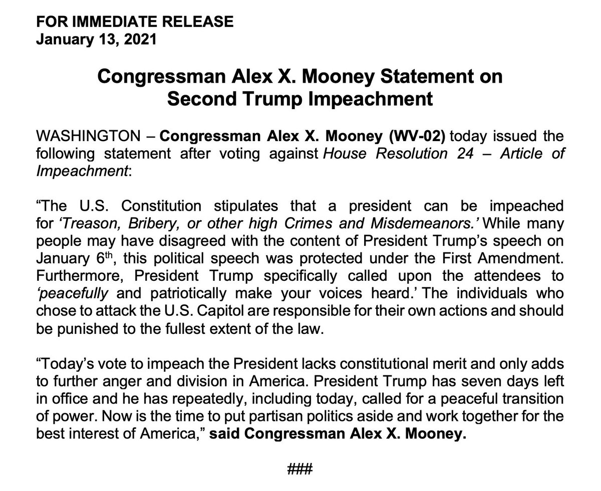 Rep Alex Mooney My Statement On The Second Impeachment Of President Trump