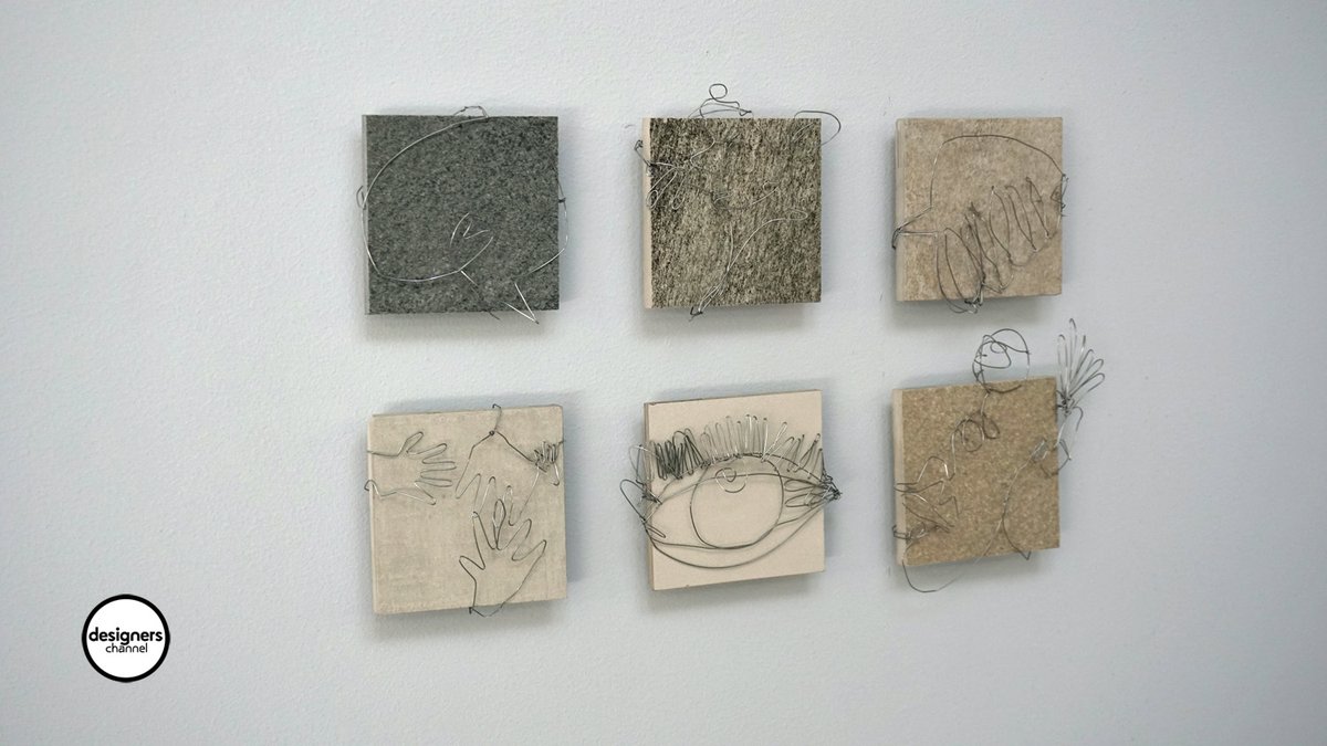 designerschan's tweet photo. UN OJO AQUÍ Y UN DIENTE ALLÁ. 
De Penelope de la Madrid y Amalia Buergo. Intervención con alambre galvanizado sobre porcelanatos de 10 x 10 cm. de la marca Firenze.
@designweekmex 2020 Inédito. @AbakaInterior https://t.co/UGBS4WcpCk