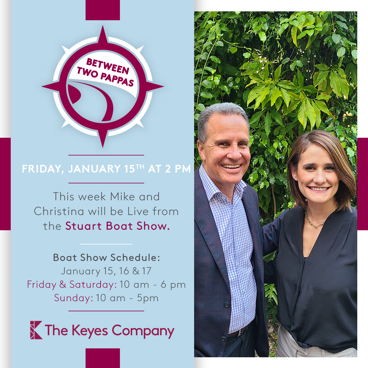 KeyesRealtors's tweet photo. This Friday, Mike and Christina will be making their way to Stuart! Tune in at 2 pm for Between Two Pappas' and enjoy the rest of the boat show throughout the weekend! 🎉🛥 #KeyesRealtors #FridayFacebookLive #FLRealEstate https://t.co/iBZFUK2zJW