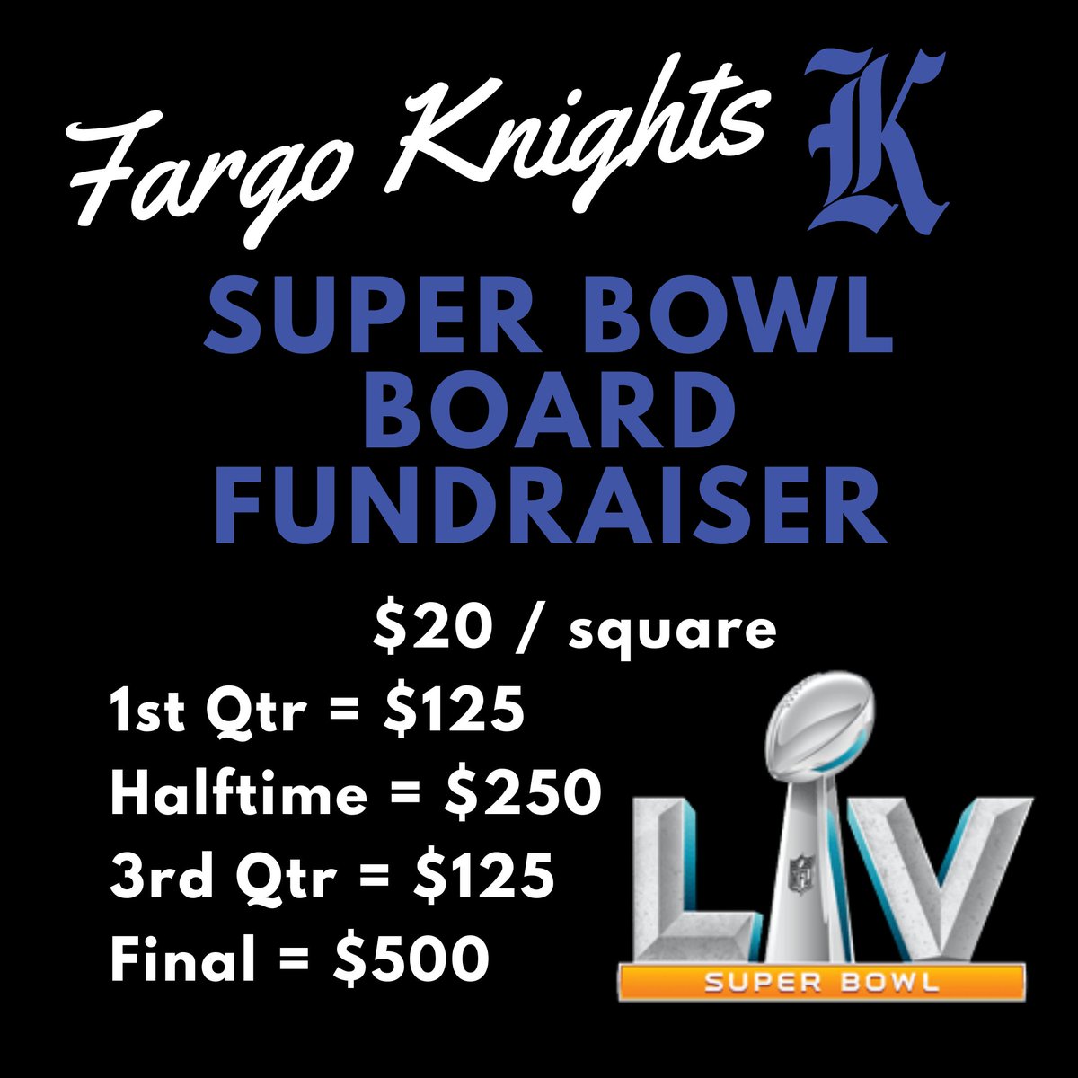 FargoKnightsFP's tweet photo. 🏉 Comment below or message us if you would like to purchase any squares! 🏉

*numbers will be randomly selected with Facebook live on our page.

#KnightsNation https://t.co/YU0bbAiKsd