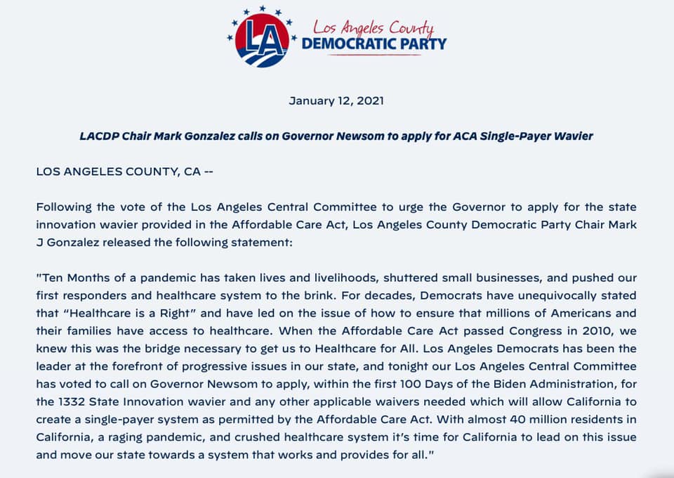 hc4us_org's tweet photo. LACDP Chair Mark Gonzalez in solidarity with the passage of Resolution calls on Governor Newsom to #Applyfor1332 #Apply4Waivers for Single-Payer Guaranteed Healthcare! @GavinNewsom @CAgovernor #First100Days https://t.co/h2NEYdBC0U