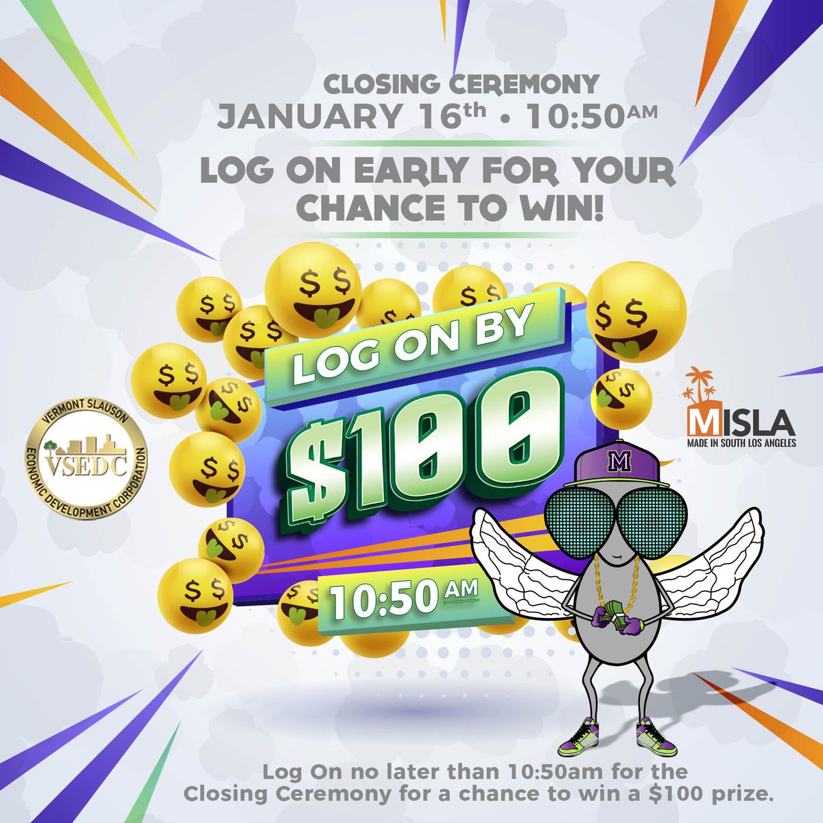 TheRealMISLA's tweet photo. Arrive at the event at 10:50am for a chance to win a raffle prize of $100 cash! Rules that apply: You must be there at exactly at 10:50am. You must stay on the ZOOM call for the entire ceremony to receive the prizes.
https://t.co/F0n7rAtOup https://t.co/9xH4Z8mkLC