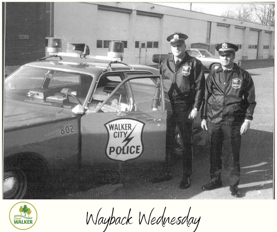CityofWalkerMI's tweet photo. #WaybackWalkerWednesday: This picture is of Walker police officers Steve Wildey (L) and Harv Thompson (R) of the Reserves Unit. It was taken in the late 60s on the east side of our current City Hall building on Remembrance Rd., where the Police Dept. was originally located! https://t.co/qULpizVN4f
