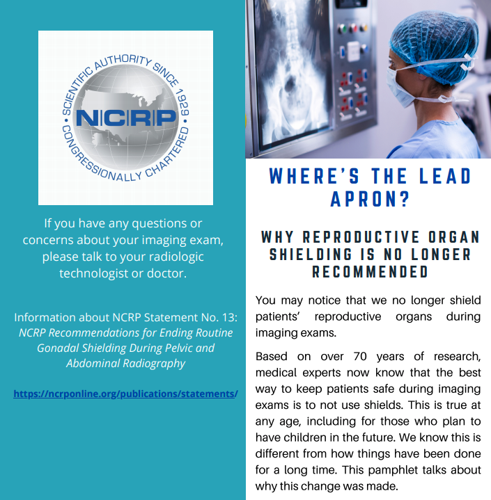 ICYMI: The NCRP Statement on patient gonadal shielding includes two accompanying documents:

1. Guidance for communicating about this change in clinical practice.
2. A brochure for patients, parents, and caregivers.

Both can be downloaded for free.

bit.ly/3imFmbn