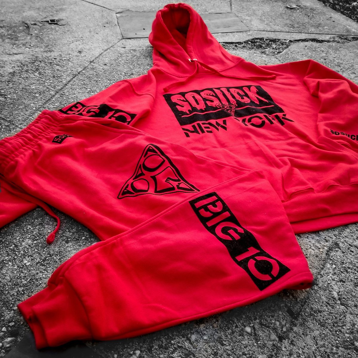 SOSIICK_LLC's tweet photo. The Red &amp; Black "BIG 10 Sweat Suit" is number five of ten in the SOSIICK BIG 10 collection. What's that?....Yeah you can get the hoodie separately not a problem.
.
#SOSIICK 
#QUEENS 
#NEWYORK 
#APPAREL 
#STREETWEAR 
#SWEATSUIT 
#RED
#BLACK https://t.co/DEU8hjcDZZ