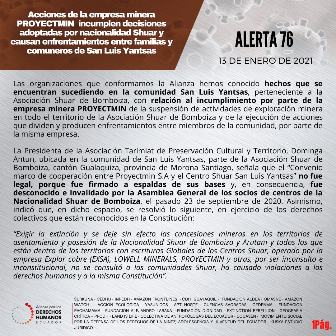 NinezJuventudEc's tweet photo. Rechazamos acciones de EmpresaMinera PROYECTMIN que incumplen decisiones adoptadas por nacionalidad Shuar y causan enfrentamientos entre familias y comuneros de San Luis Yantsas
@DDHH_Alianza @esmeraldatroiti @ONUecuador @CIDH #MovimientoSocialPorLaNiñezEc
@Ambiente_Ec
#NoEsLegal https://t.co/2Afmf9P2pn