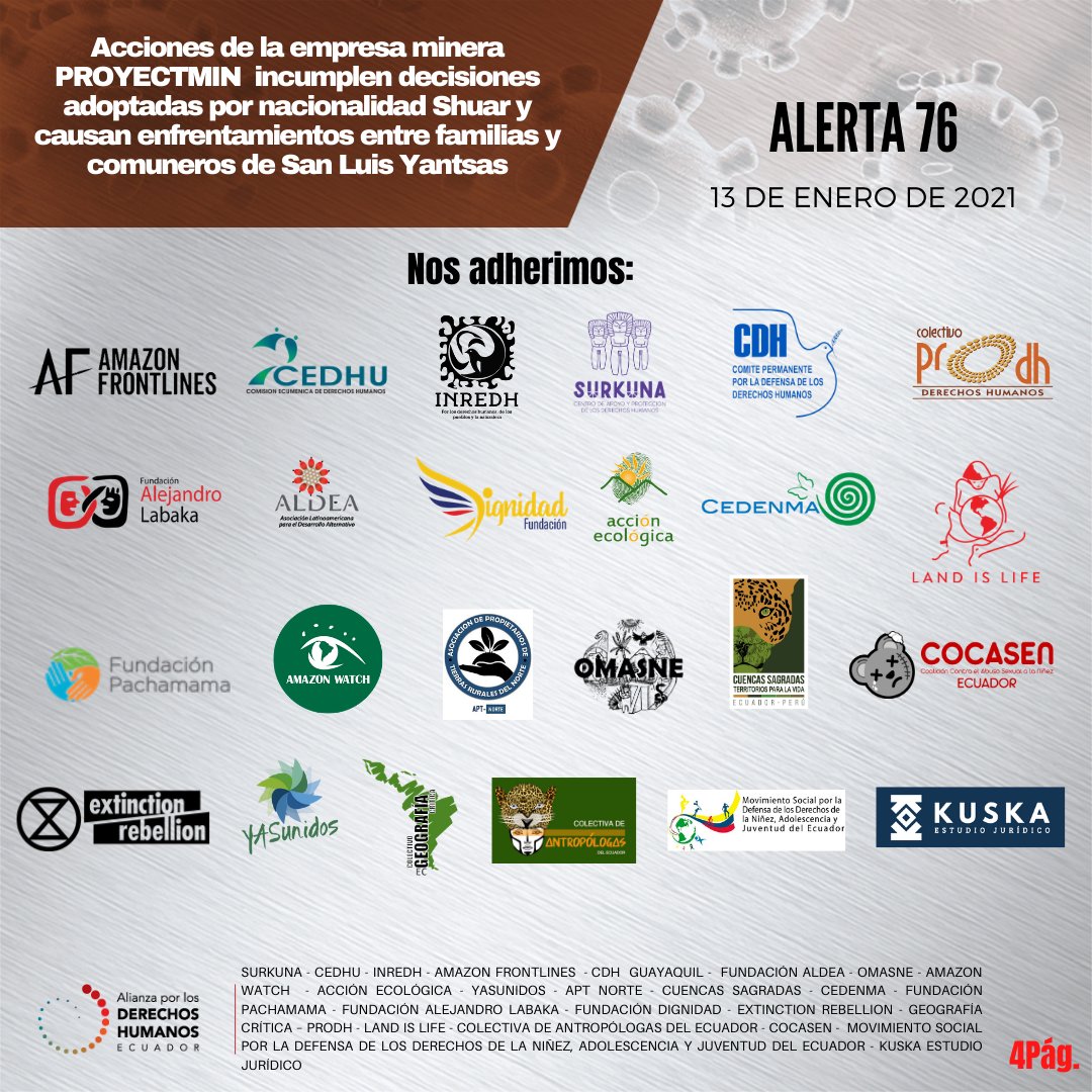 NinezJuventudEc's tweet photo. Rechazamos acciones de EmpresaMinera PROYECTMIN que incumplen decisiones adoptadas por nacionalidad Shuar y causan enfrentamientos entre familias y comuneros de San Luis Yantsas
@DDHH_Alianza @esmeraldatroiti @ONUecuador @CIDH #MovimientoSocialPorLaNiñezEc
@Ambiente_Ec
#NoEsLegal https://t.co/2Afmf9P2pn